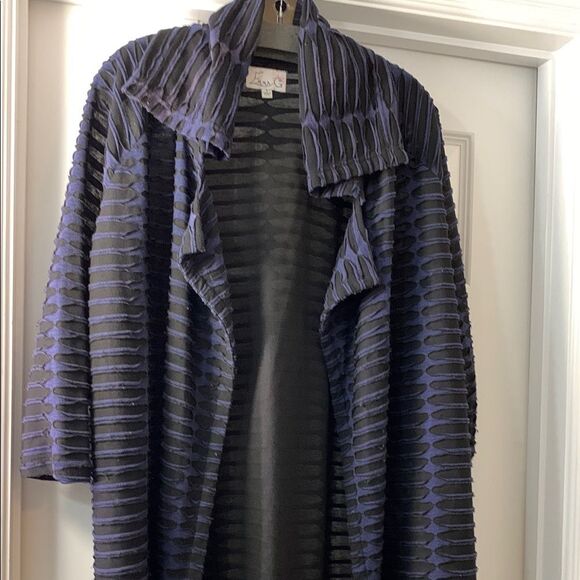 Navy Blue & Black Striped Long Cardigan with Shawl Collar - Picture 1 of 10
